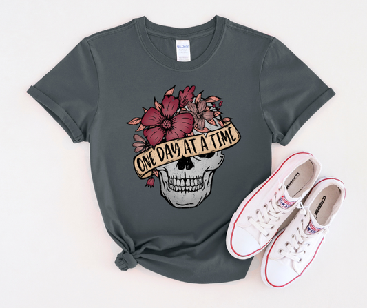 One Day At A Time Short Sheeve Tee-Shirt Charcoal gray with Skull